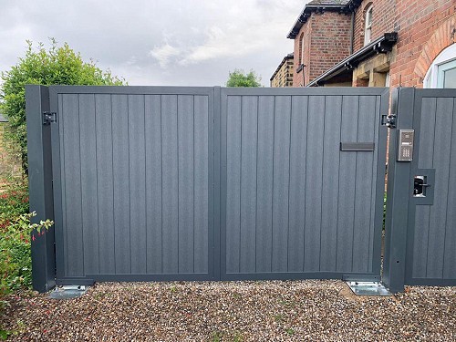 Composite Wood Panelled Electric Gates Grey